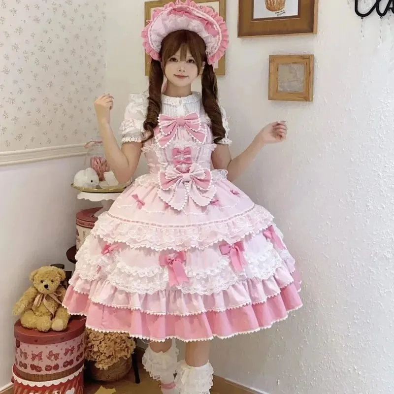 Robe à bretelles Lolita Jks Y2K pour femmes, couleur unie, à volants, nœud en dentelle, Patchwork, princesse Kawaii, robe de bal, longueur aux genoux, fête élégante — image 6