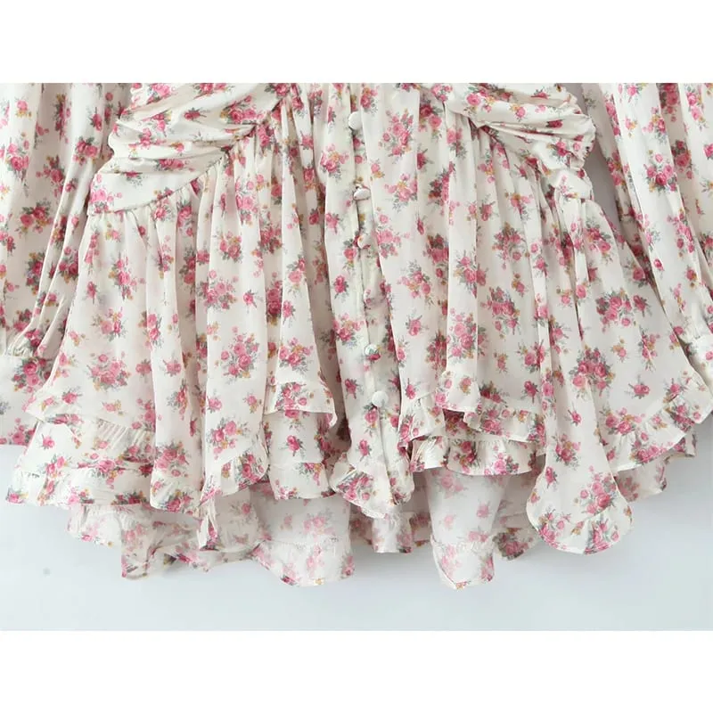 Pakaian Mini Ruffle Cetak Bunga Boho Wanita Butang Depan Lengan Panjang V Leher Musim Bunga Gaun 2025 Jubah Percutian Vestidos Pendek — image 7