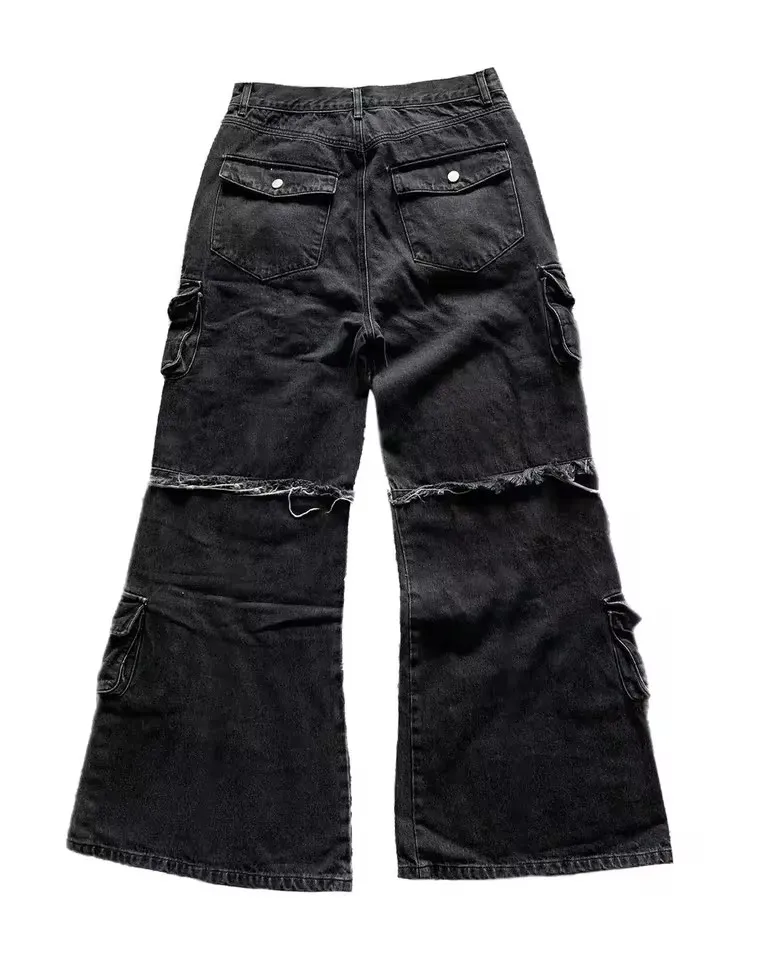 Y2Kสีดำหลายกระเป๋าCargoกางเกงยีนส์ผู้ชายผู้หญิงขากว้างDistressed Frayed Hem Flapกระเป๋าปุ่มรายละเอียดBaggy Streetwearกางเกง — image 4