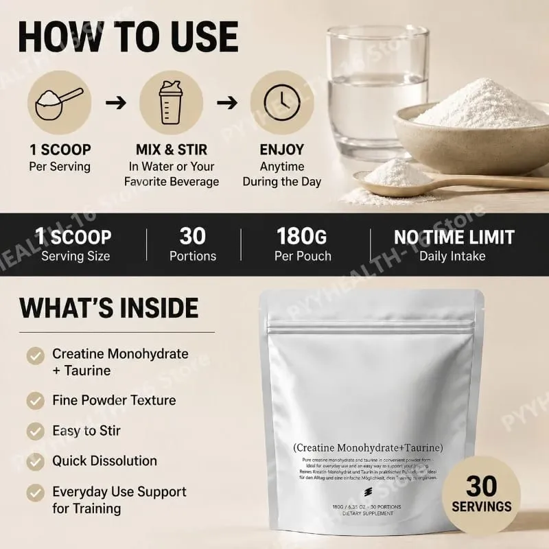 Creatine Monohydrate Taurine Powder Pure Unflavored Muscle Strength & Endurance Support Quick Dissolve 180g - 30 Servings — image 4