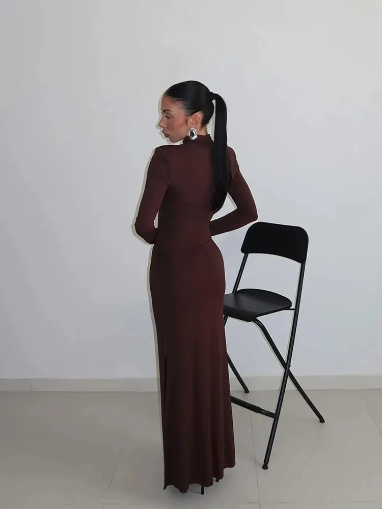 Ahagaga Sexet Skede Dame Maxi Kjoler Solid rullekrave Regular Langærmet Udhulet Slim Fit Bodycon Fest Vestidos Robes — image 4