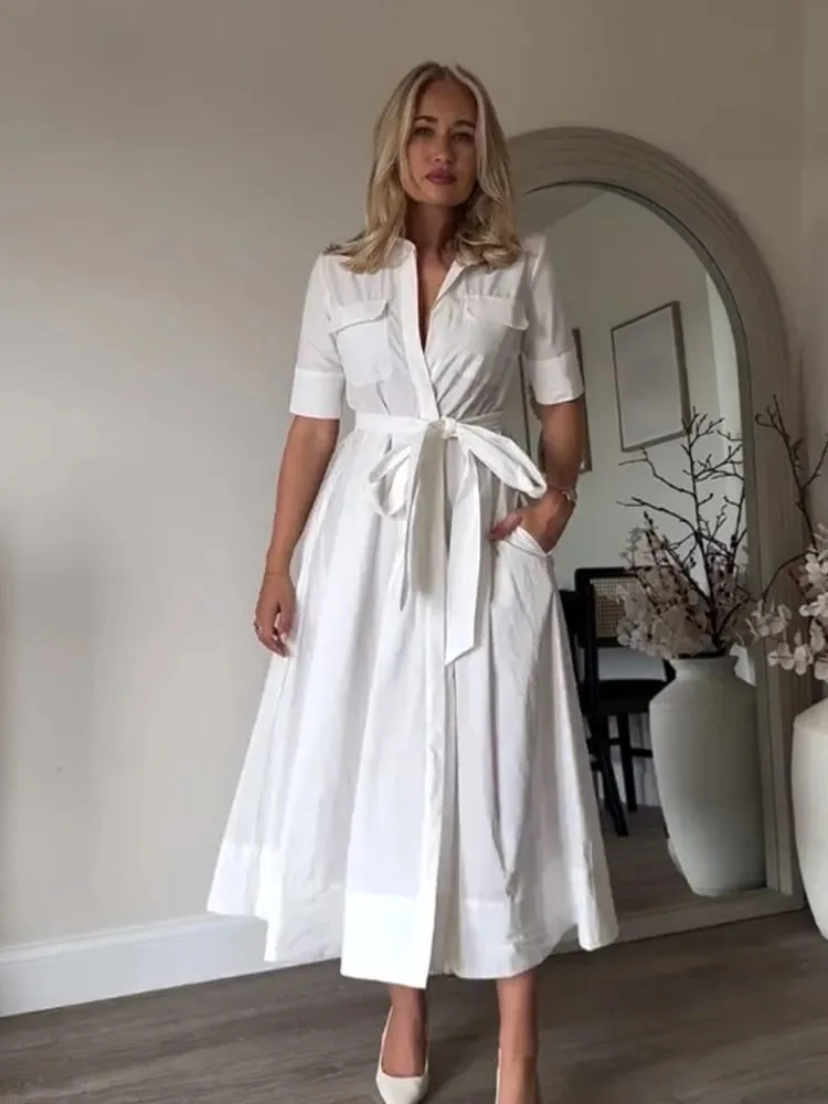 HH femmes été revers manches courtes poche simple boutonnage ceinture décorer robe Midi femme mode chemise Style robe plissée — image 3
