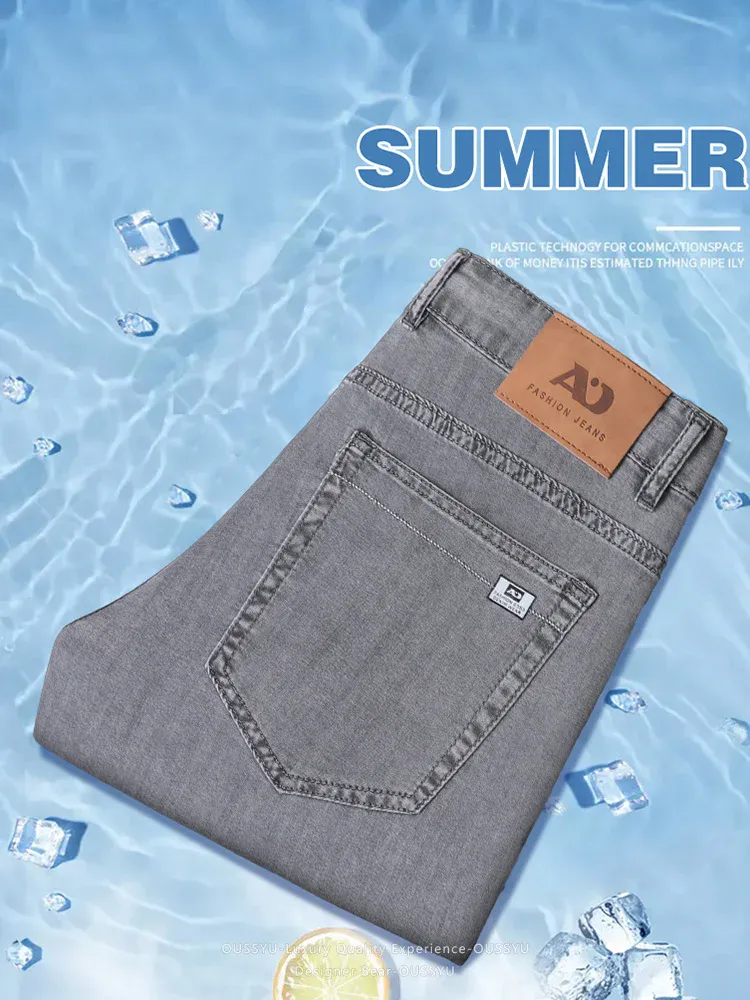 Jeans dritti larghi da uomo sottili estivi Pantaloni casual da lavoro in Lyocell morbido drappeggio Pantaloni di seta grigio fumo Plus Size 40 42