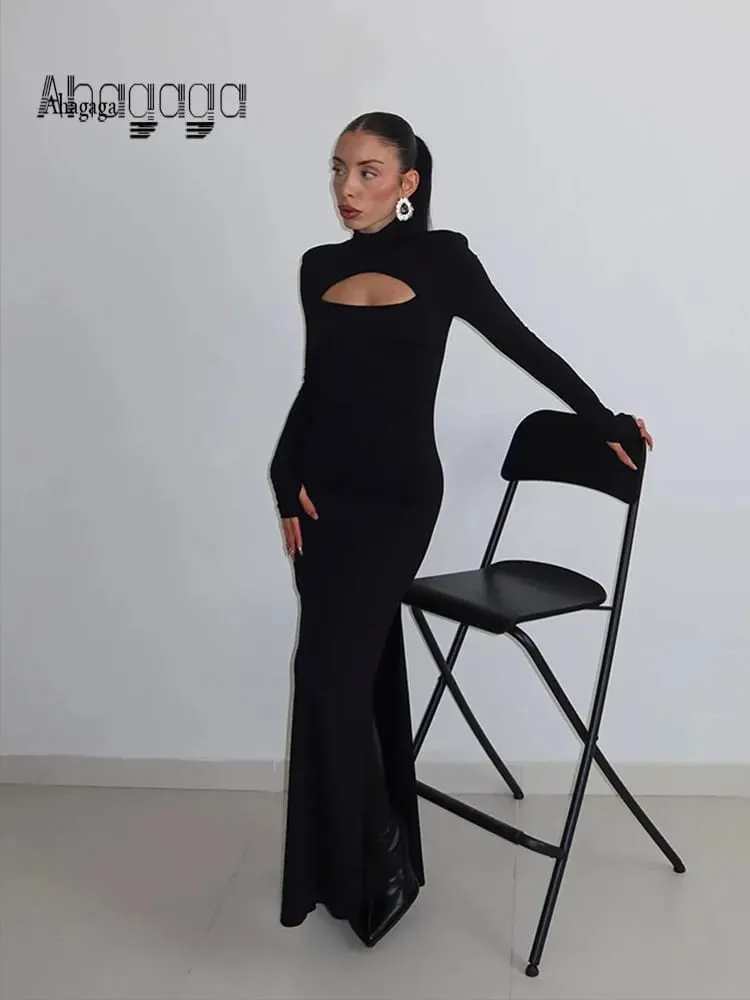 Ahagaga Sexet Skede Dame Maxi Kjoler Solid rullekrave Regular Langærmet Udhulet Slim Fit Bodycon Fest Vestidos Robes — image 2