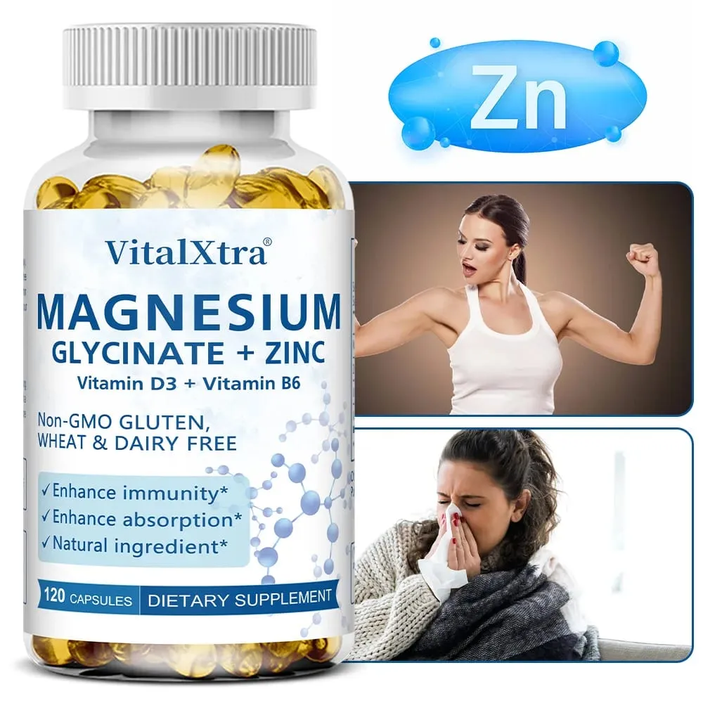 Magnesium Glycinate + Zinc Supplement - Supports Bones Immune System Heart Health Mineral Supplement Helps with Natural Sleep — image 2