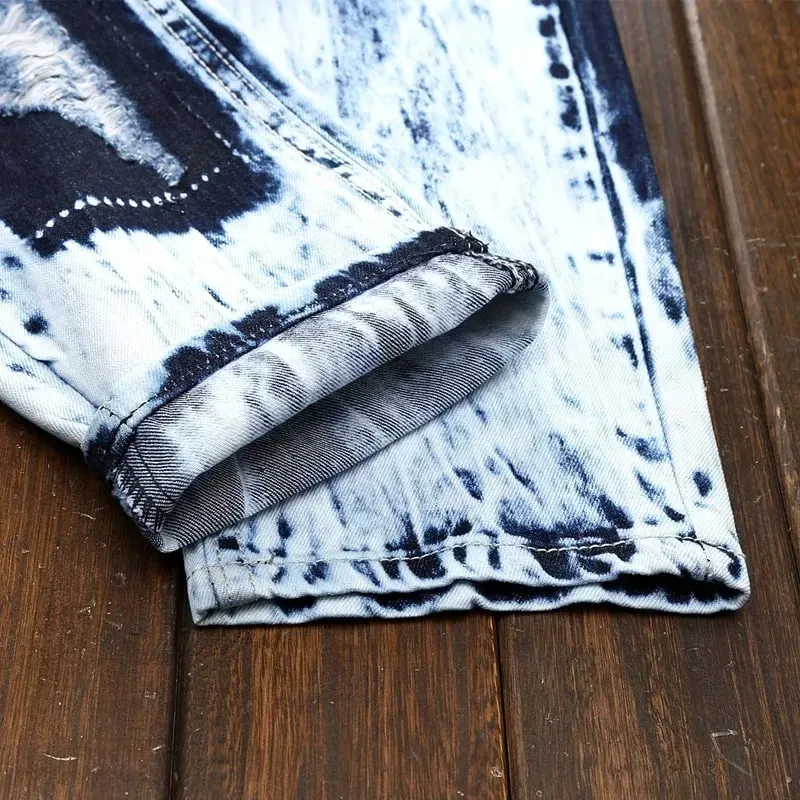 Jean déchiré en Patchwork brodé pour hommes (sans ceinture), pantalon en Denim pour moto, Slim, à la mode, vêtements de styliste pour hommes — image 6