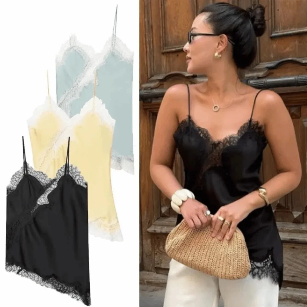 Thanh lịch Bất Đối Xứng Ren Ren Miếng Dán Cường Lực Top Không Tay Hở Lưng Yếm Áo Cổ Chữ V Ren Nữ bể Mặc Mùa Hè — image 5