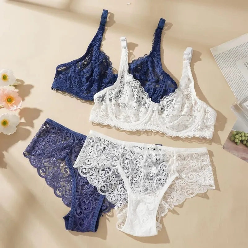Ensemble de soutien-gorge fin en dentelle pour femmes, Sexy, sans coussinet, exquis, push-up, solide, respirant, à armatures, string, culottes, sous-vêtements — image 1