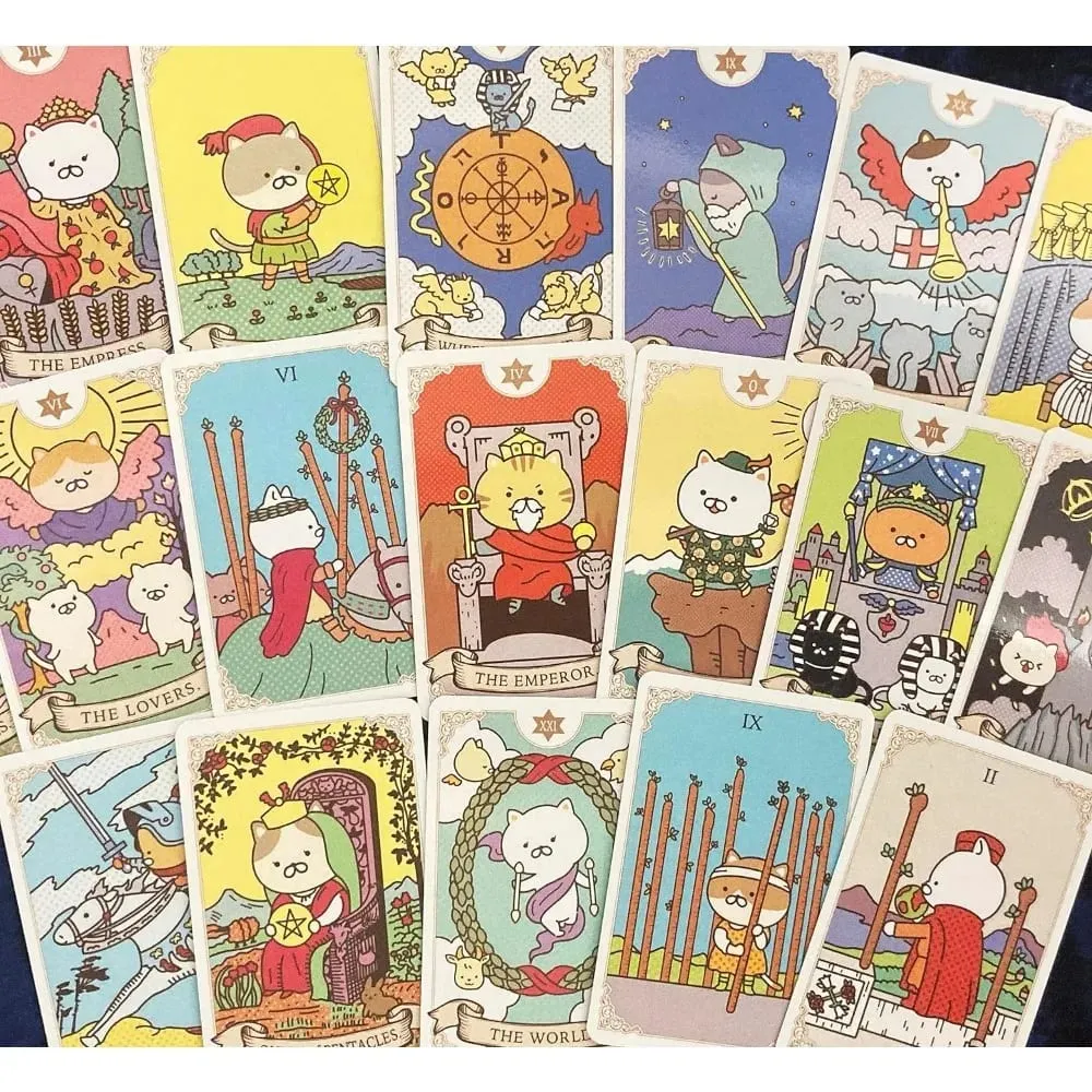 97x63 มม. Potenko Tarot 78 การ์ดไพ่ทาโรต์แมวน่ารักน่ารักสำรับสำหรับผู้เริ่มต้นขนาดพกพา