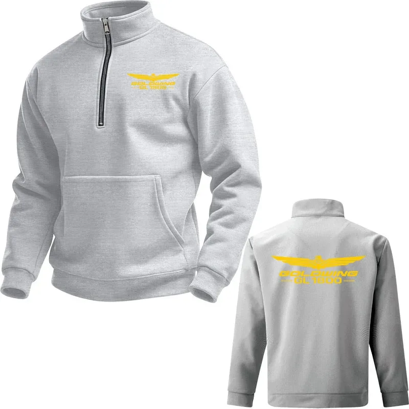2025 Solid color plus size Textured men's pullover top Gold Wing gl1800 print Loose comfortable Stand Collar Zipper Hoodies — image 2