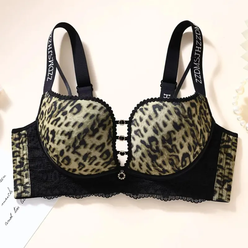 Plus Size Dünner, kabelloser Minimizer-BH mit Leopardenmuster, Anti-Sagging-Komfort-Dessous für Frauen mit großer Oberweite