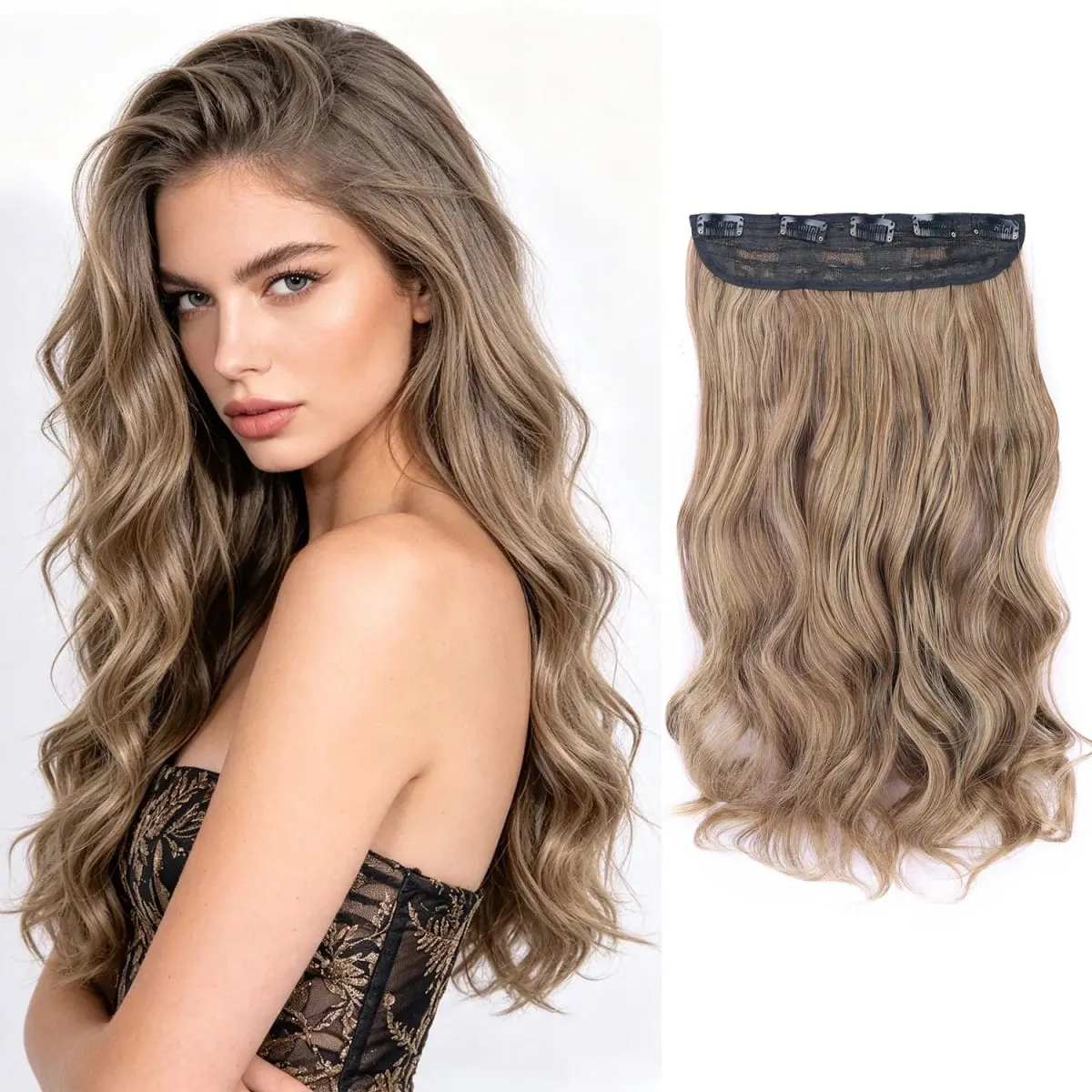 Synthetic clip in hair extensions 5 clips in one piece high temperature fiber wavy hairpieces for women daily party holiday — image 10
