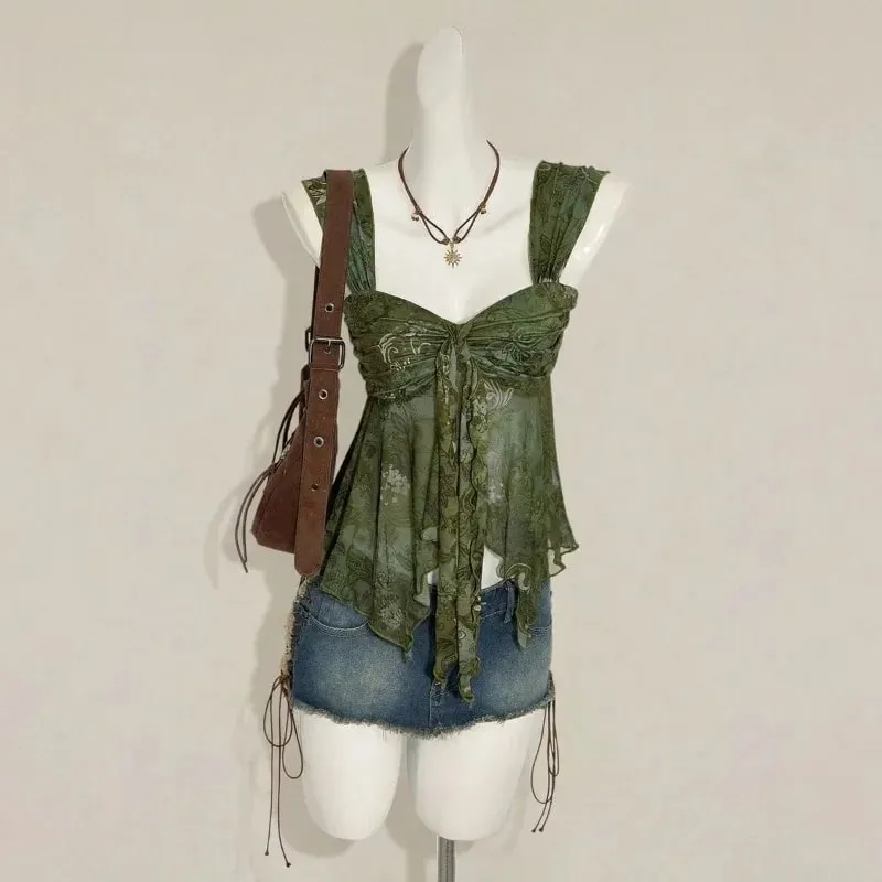 ผู้หญิงSweetheartต่ำคอBackless Camisตาข่ายด้านหน้าจีบสายคล้องA-Line Crop Topฤดูร้อนเซ็กซี่แฟชั่นElegant tank Top — image 3