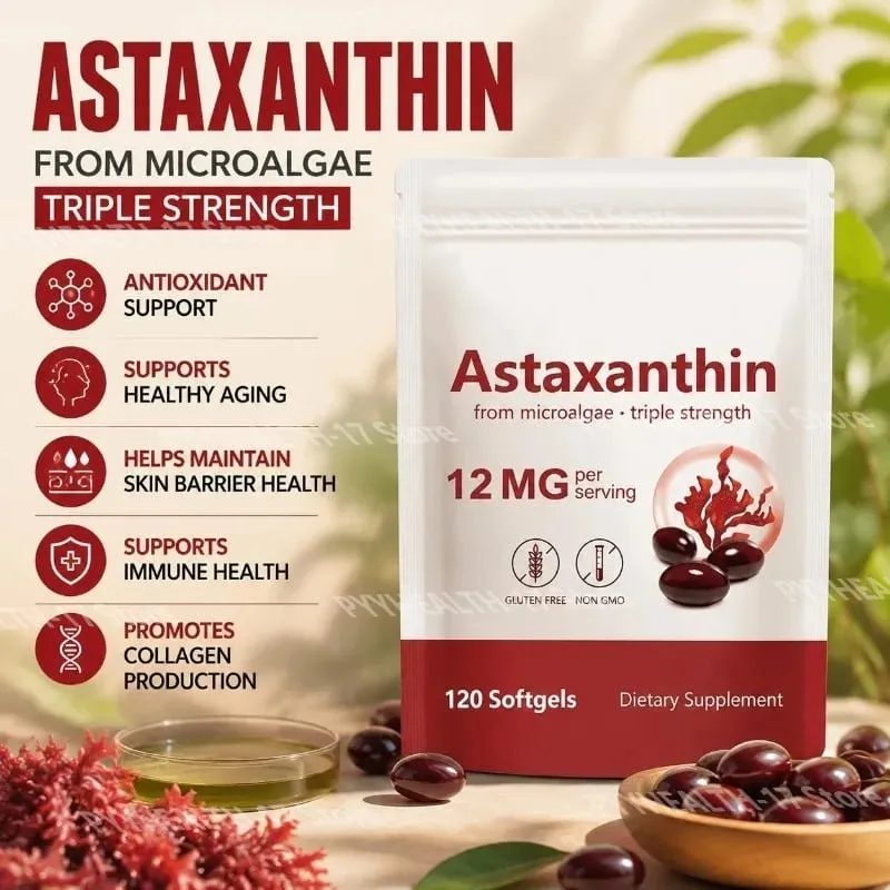 Astaxanthin Softgels Từ Vi Tảo Thúc Đẩy Sản Xuất Collagen Đậu Nành Không Chứa Gluten Không GMO Sức Mạnh Gấp Ba 120 Softgels — image 1