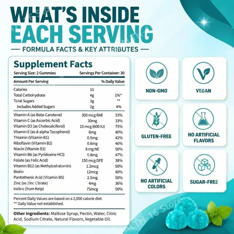 Gummies multivitamines pour enfants vitamine D3 C Zinc B vitamines soutien immunitaire bien-être quotidien Nutrition saveur de fruit 60 Gummies — image 3