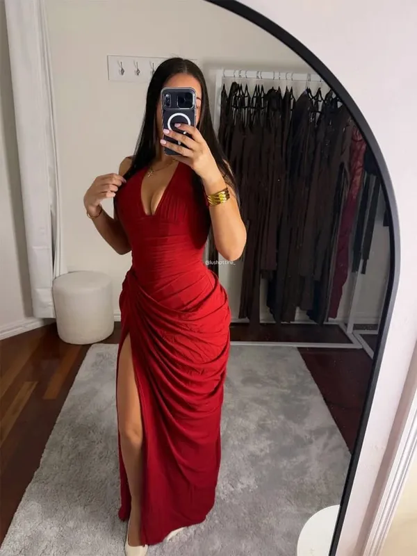 Frauen Sexy Solide Plissee Liebsten Kleid Dame Chic Off-schulter Backless Hohe Taille Split Kleider 2026 Sommer Abend Party kleid — image 24