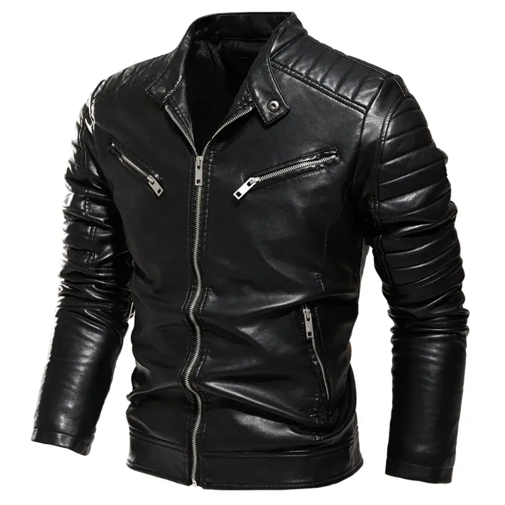 2025 Winter Black Leather Jacket Men Fur Lined Warm Motorcycle Jacket Slim Street Fashion BLack Biker Coat Pleated Design Zipper — image 1