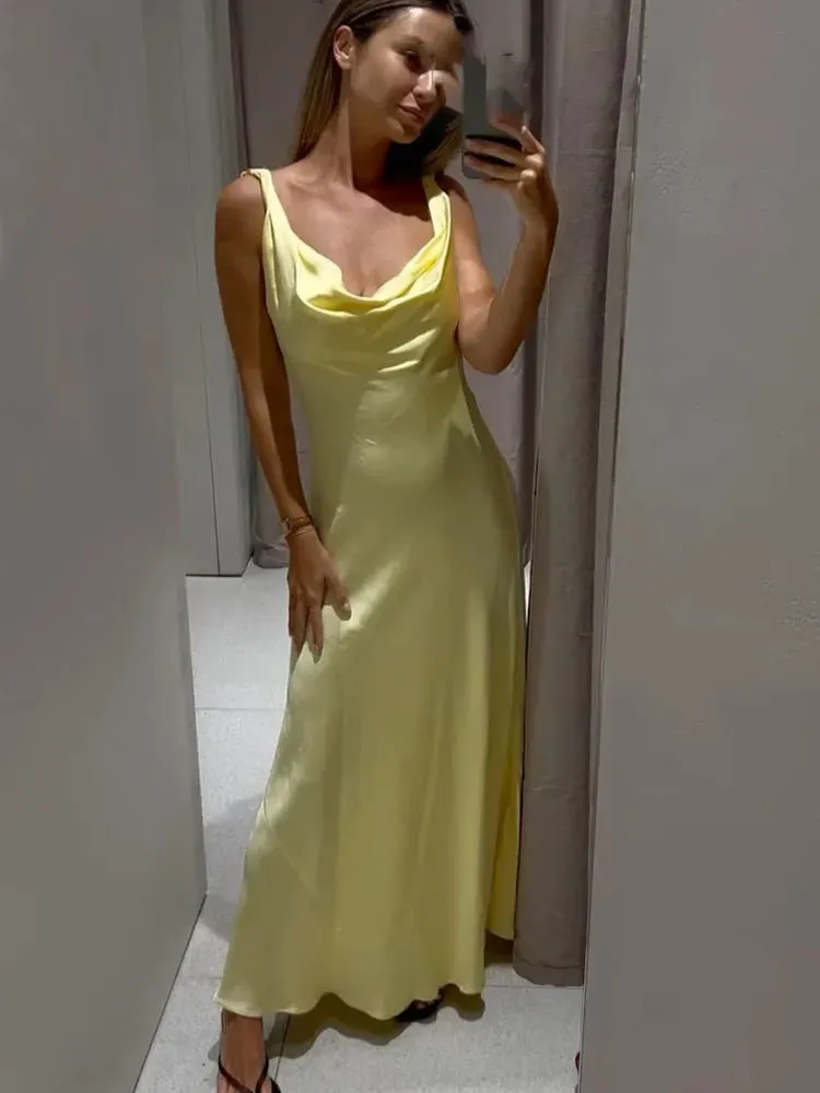 HH Abito longuette da donna in stile vacanza in raso con scollo a V senza schienale Abito estivo femminile elegante con cinturino allacciato — image 7