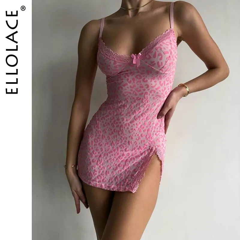 Ellolace Sensual ชุดสตรีสวย Deep-V คอลูกไม้แยกชุด SHEER เสือดาวกับ Thongs ชุดนอน Babydoll PARTY MINI ชุด — image 1