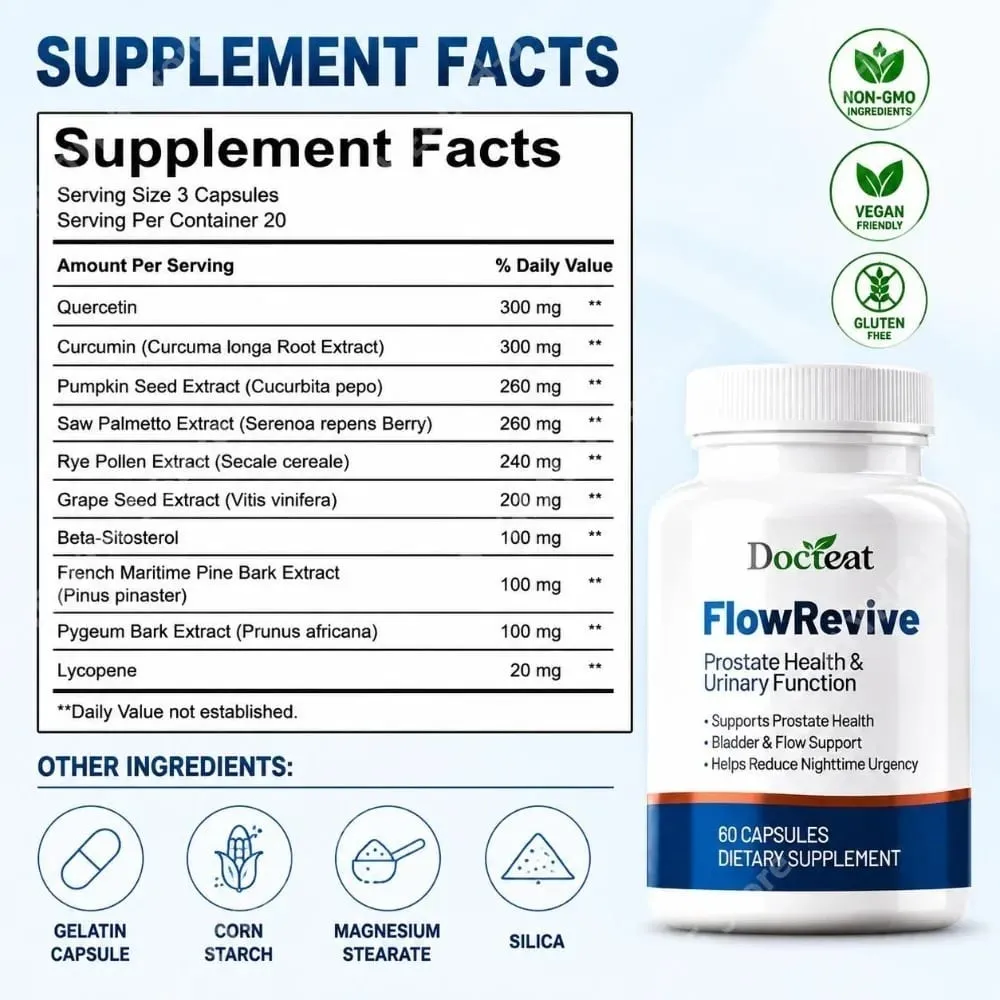 Integratore prostatico per uomo Saw Palmetto FlowRevive Capsule con estratto di semi di zucca Supporta la salute della vescica urinaria 60 conteggi