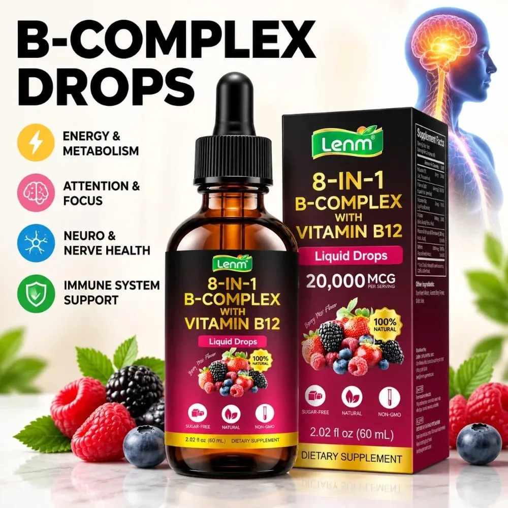 Vitamin B Kompleks 8-dalam-1 Mengurangkan Penyerapan Maksimum dengan Vitamin B12 Folat Menyokong Metabolisme Fokus Tenaga & Kesihatan Saraf 60ML — image 1