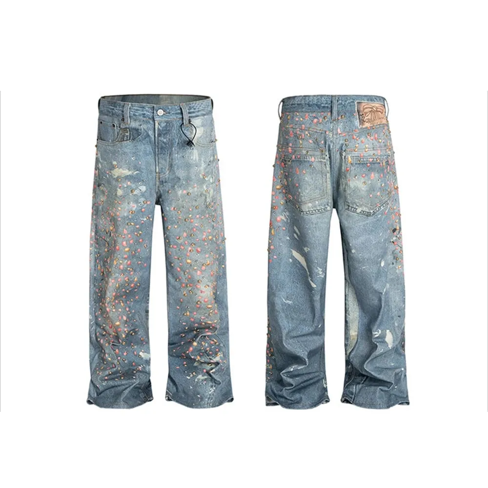 3D-gedruckte Volldiamant-Jeans für Männer, gerade gewaschen, Distressed, glänzende Diamon-Denim-Hose, Hip-Hop, lockere Baggy-Jeans — image 3