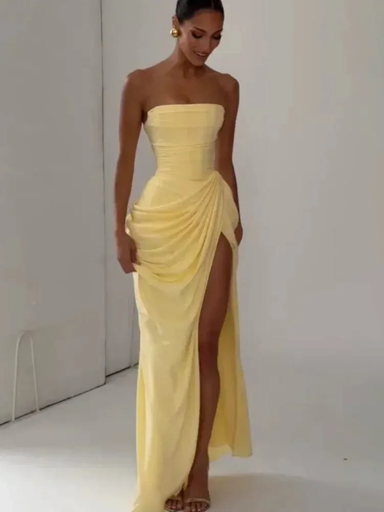 Robe plissée sans bretelles pour femmes, couleur unie, dos nu, épaules dénudées, taille haute, fendue, Sexy, robe de soirée, été, 2026 — image 1
