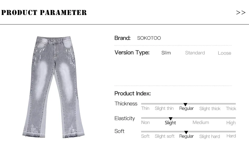 ผู้ชายทาสี Flared Denim กางเกงยีนส์ Spliced Slim Boot Cut กางเกง Vintage ผ้าฝ้ายสีเทาเปิดตัว Hem กางเกง — image 7