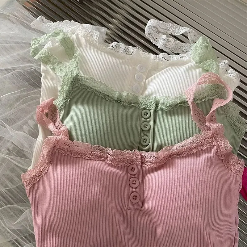 Summer Lace Strap Patchwork Camisole Kvinder Ensfarvet Ærmeløse Buttons Tank Top — image 6