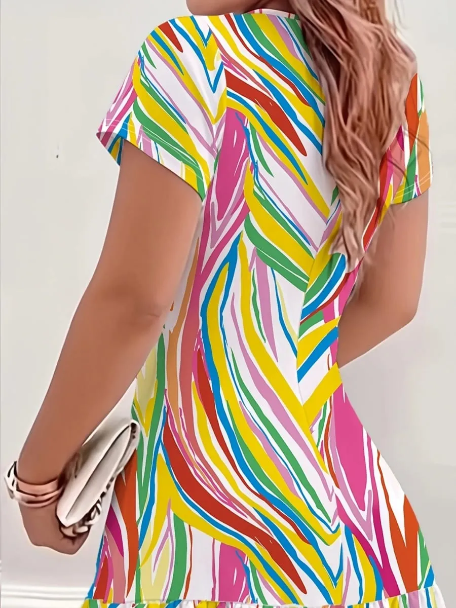 Neues Sommerkleid für Damen mit geometrischem Druckmuster, Rundhalsausschnitt und kurzen Ärmeln, bequemes Urlaubskleid — image 4