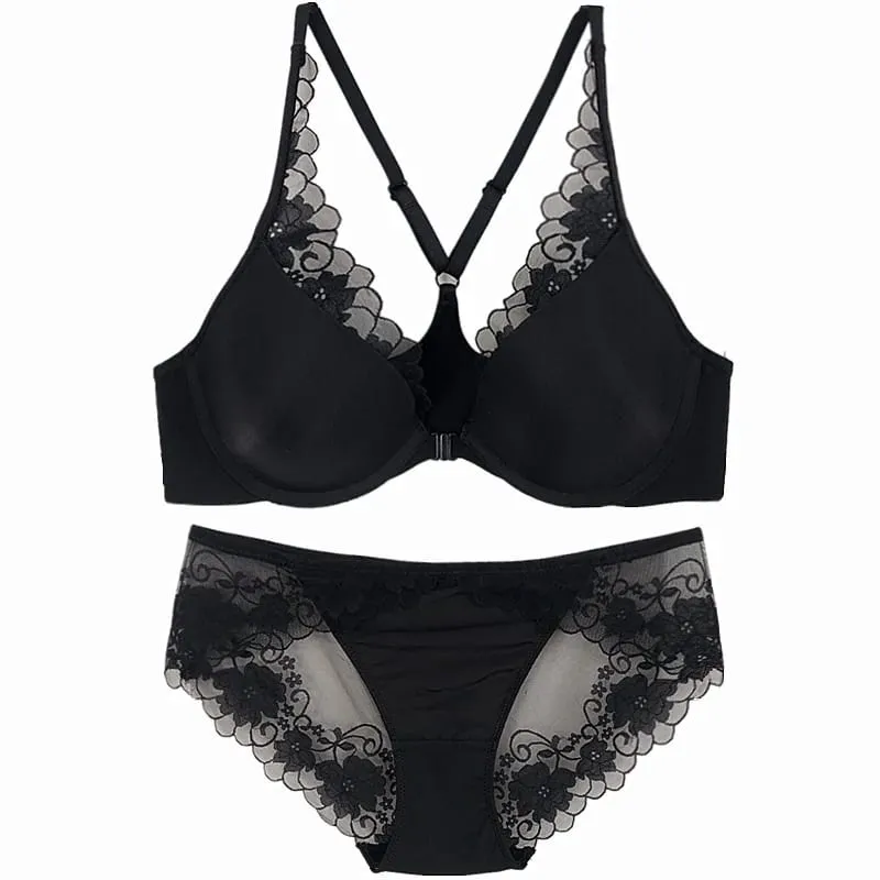 high quality sexy women bras and brief two piece set front closed push up lace A B C cup wire summer lingerie underwear black — image 6
