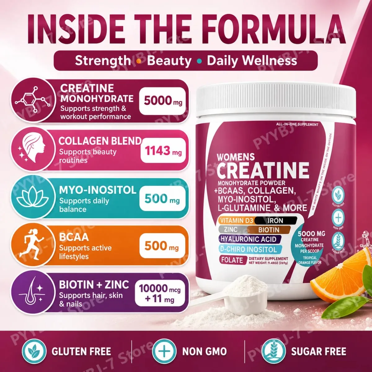 Female Creatine Powder Creatine Monohydrate Powder with BCAA & Amino Acids Daily Health and Nutrition Dietary Supplement — image 3