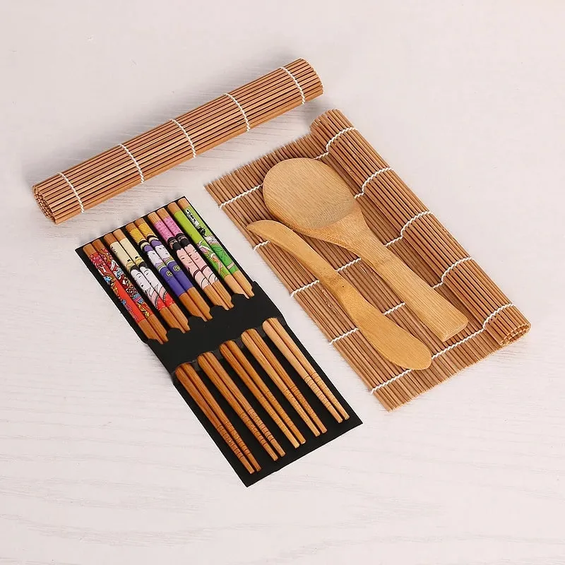 9 pezzi/set kit per la preparazione di sushi in bambù tappetino per sushi incluso 2 tappetini per sushi 5 paia di bacchette 1 pagaia 1 strumento di cottura spalmatore — image 1