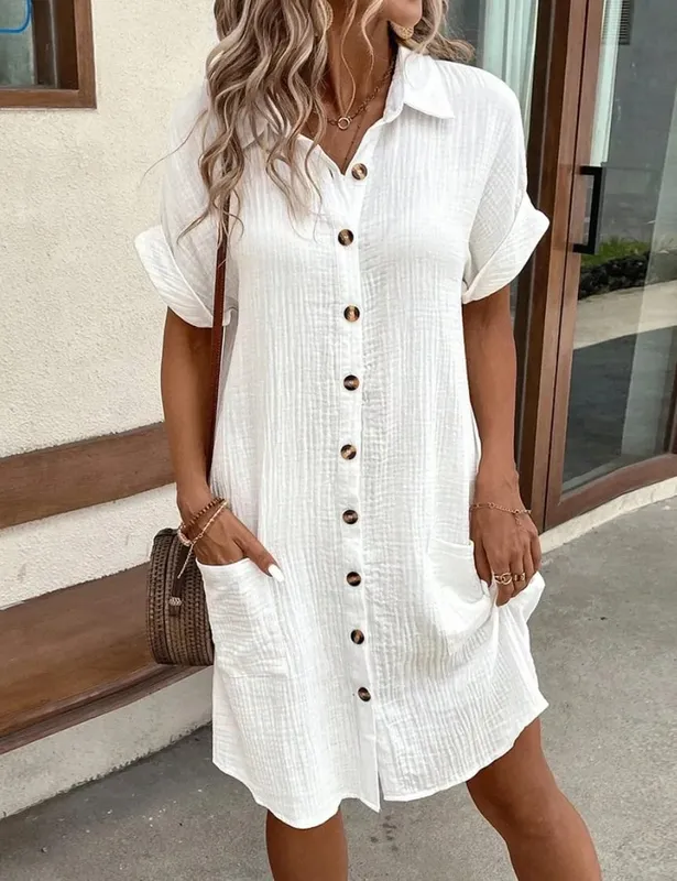 Sommer Solide Einfache Kurzarm Shirt Kleid frauen drehen-unten Kragen Einreiher Casual Elegante Damen Lose Kleider — image 5