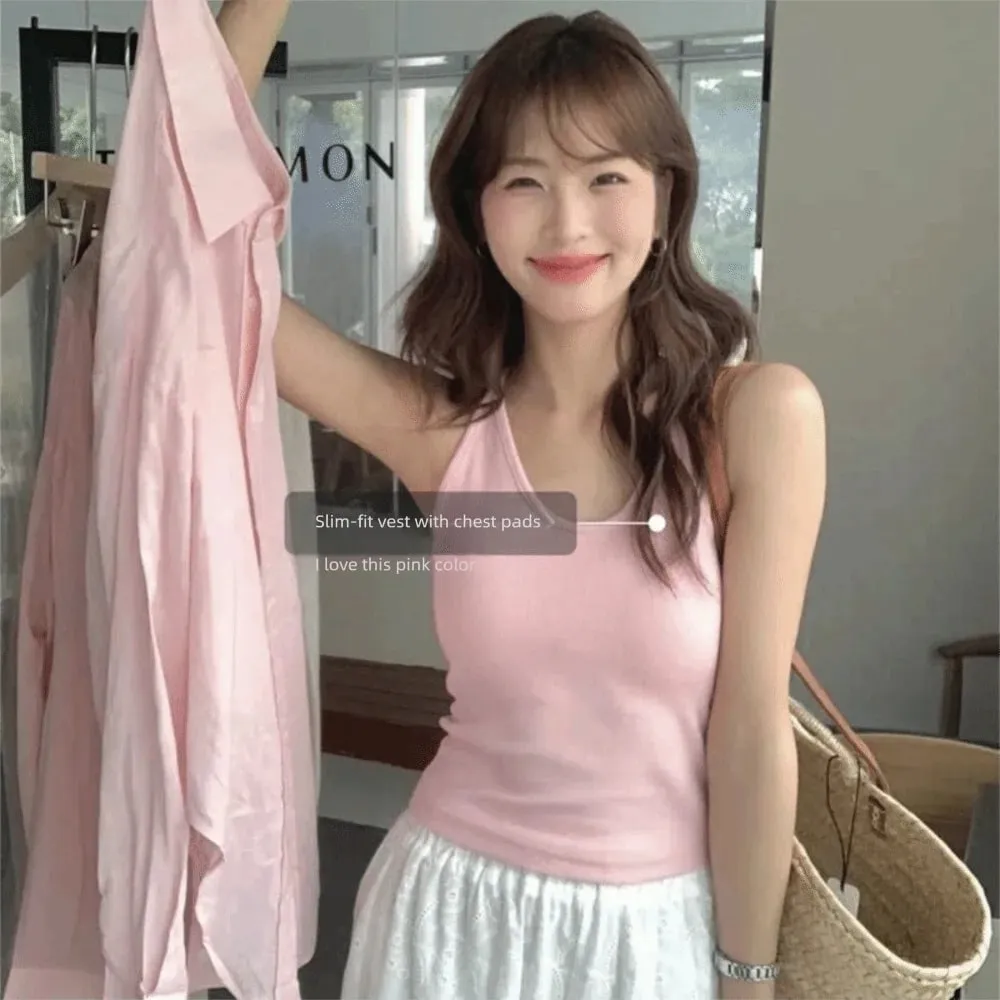 Gaya Korea dengan Tali Alas Dada Vest U-Neck Warna Pejal Tanpa Belakang Tanpa Lengan Atasan Pelangsingan Camis Wanita Musim Panas — image 5