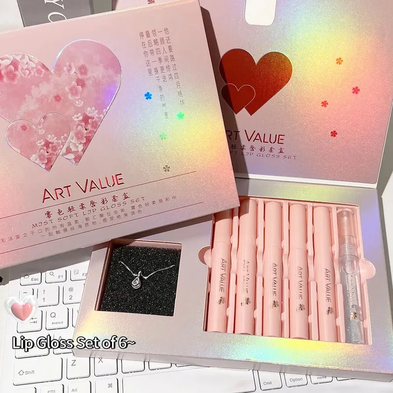 ART VALUE Lips Makeup-sæt inkluderer 5 matte flydende læbestift og 1 læbepomadeolie nærende glitter lipgloss med halskædegave — image 1