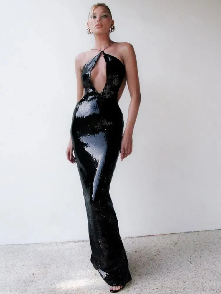 Wanita Musim Panas Mewah Seksi Backless Halter Hitam Mesh Labuci Gaun Gaun Panjang Maxi Pakaian Kelab Pesta Malam Selebriti Elegan — image 4