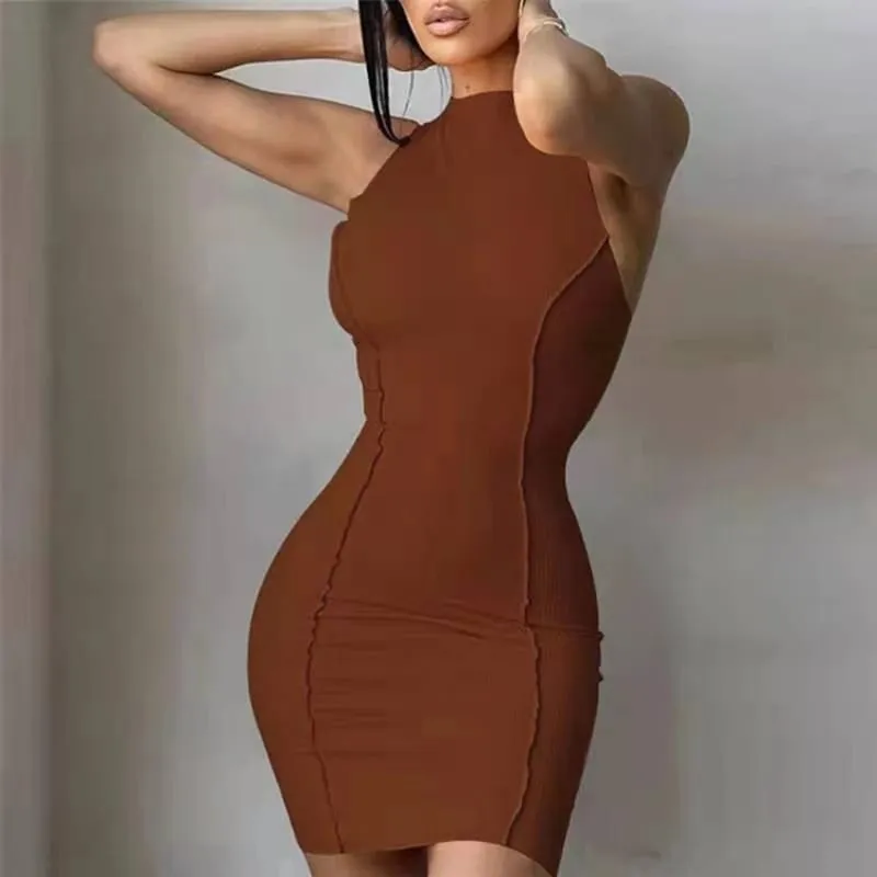 Women Summer Sexy Slim Wrap Hip Dress Solid Patchwork O-neck Sleeveless Mini Dresses INS Fashion High Street Sheath Vestidos — image 4