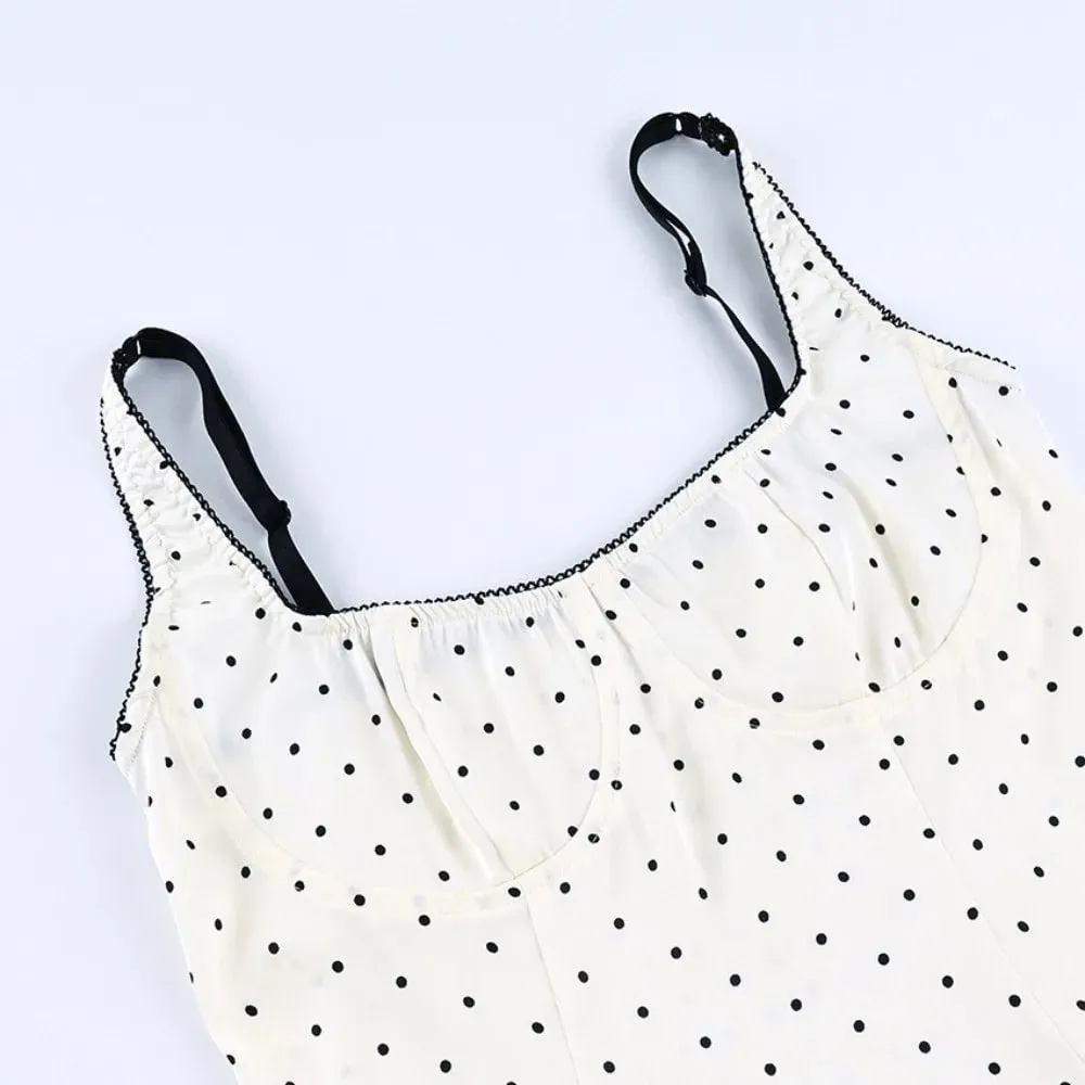 Street Chic สปาเก็ตตี้ Polka Dot Tank Top สแควร์คอ Slim Cropped แขนกุดผ้าไหมเสื้อกั๊ก Off-ไหล่ลูกไม้ Camis หญิง — image 2