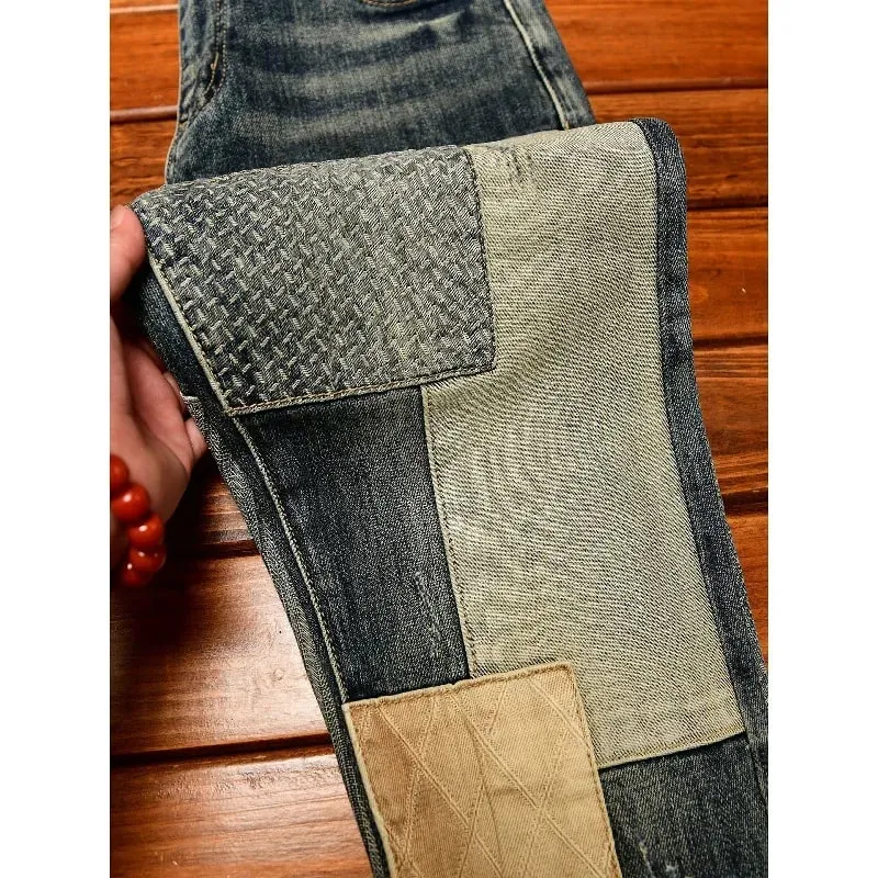 Retro og nostalgisk patchwork-design jeans til mænd trendy og moderigtigt street herretøj slim fit small fod lange bukser — image 1
