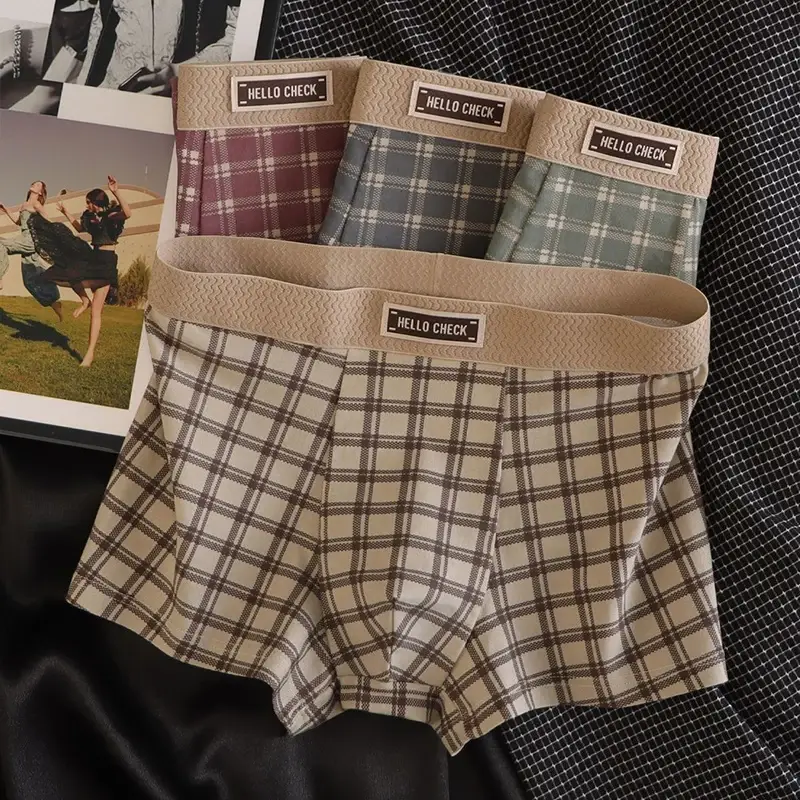 Shorts boxer retrô estampado xadrez masculino de 4 peças, roupa íntima macia, confortável e respirável, shorts boxer sem costura masculino — image 6