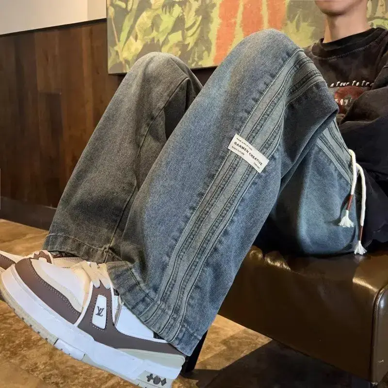 Seluar jeans retro Amerika tiga bar lelaki musim bunga dan musim luruh gaya baharu pinggang elastik jalan tinggi longgar kasual kaki lurus lelaki panjang — image 1