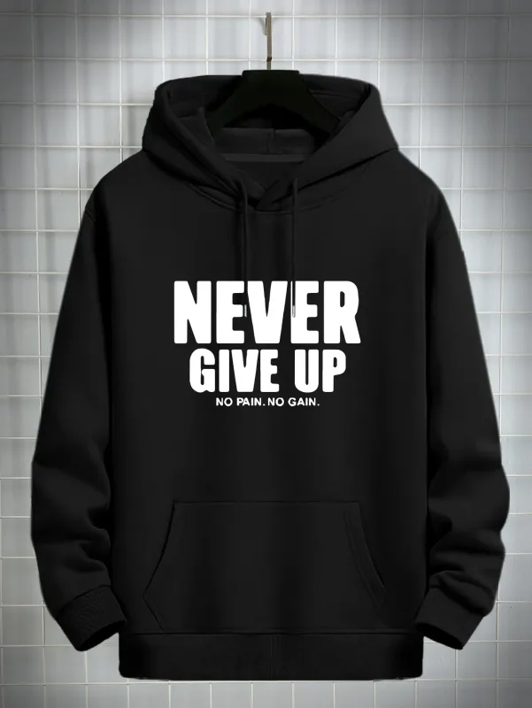 Men'S Hoodie Never Give Up Print Casual Fleece-Lined Pullover Kangaroo Pocket Stylish Streetwear Fall Casual Wear Hoodie — image 1