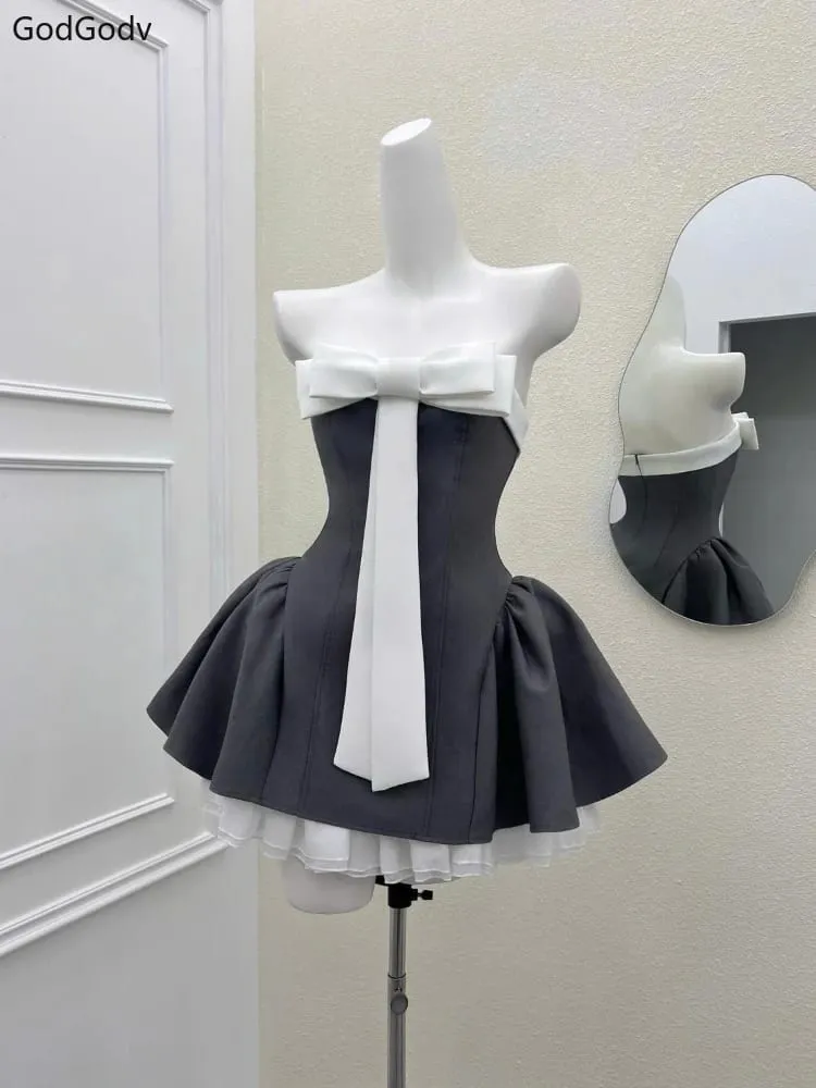 Sommer Neue Vintage Elegante Frau Kleid Liebsten Bogen Patchwork Hohe Taille Puffy Mini Kleid Weibliche Französisch Chic Sexy Outfits 2025 — image 4