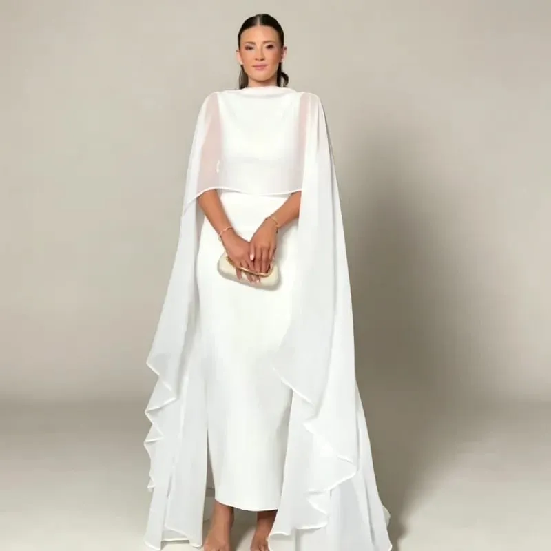 Abito maxi con scollo tondo a mantella trasparente per donna, gonna aperta sul retro, design tinta unita, elegante abito da cerimonia formale da sera femminile — image 2