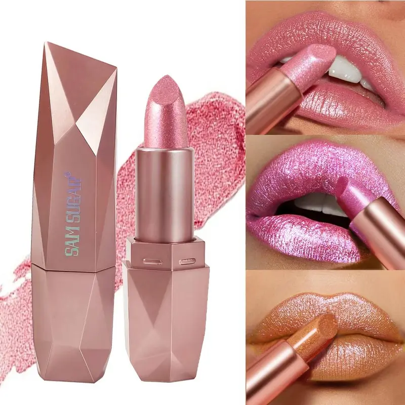 Gincu Berkilauan Berlian Tahan Lama Pelembap Kalis Air Berpigmen Tinggi Metallic Shine Pearlescent Non Stick Cup Gincu — image 2