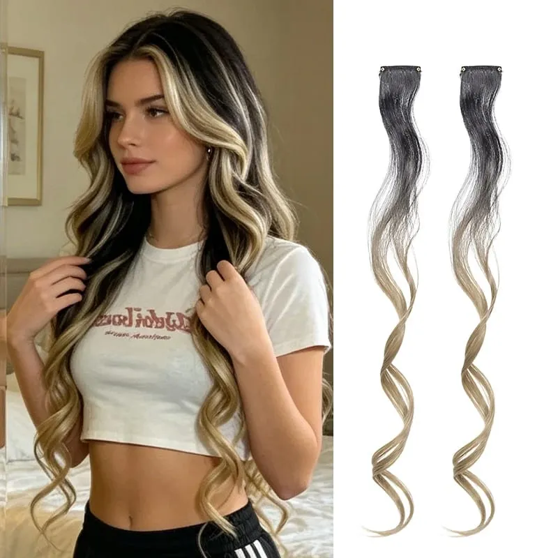 Farbverlaufswellen-Clip-in-Haarverlängerungen, 2 Stück, synthetische Faserfarbe – blockiertes Quastenohr – seitliche Färbung für tägliches Party-Cosplay — image 14