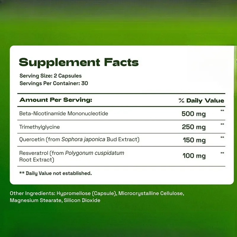 Komplexní doplněk NMN 1000 mg porce TMG Quercetin Resveratrol Kapsle Buněčný wellness doplněk podporuje energii — image 6