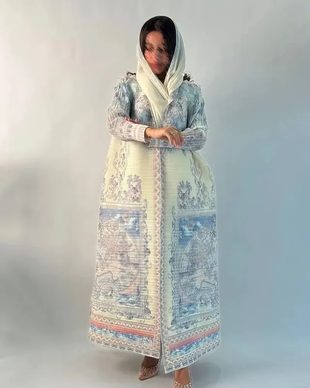Frauen Falten Miyake Plissee Abaya Langarm Druck Faltbare Kragen Robe Strickjacke Mantel Neue Winter Mode Original Design 2026 — image 8