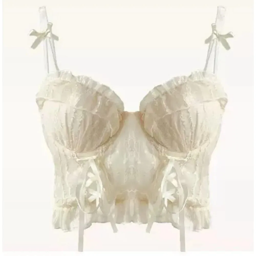 Tatlı Dantel Push Up Sütyen Seti Bayan Küçük Büstü Fırfır Örgü Çapraz Bandaj Strappy Seksi Saf Desi Lingerie İç — image 6